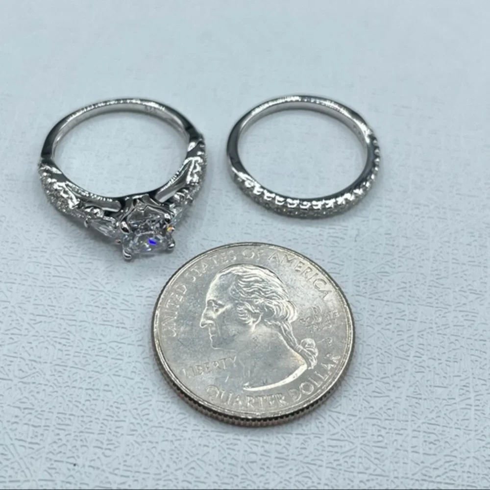 925 Sterling Silver Diamond 2 Band‎ Wedding Engagement Bridal Ring Set 7
